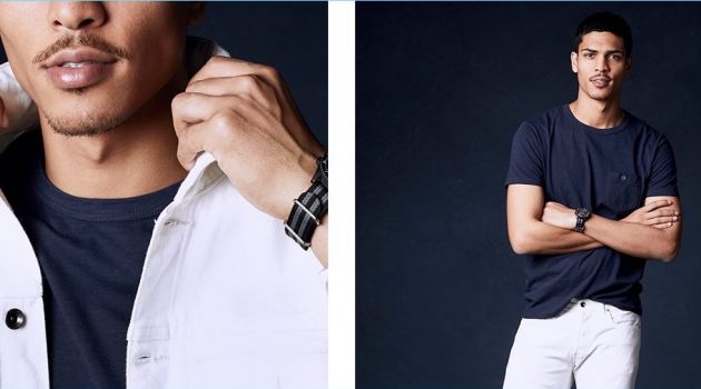 Todd Snyder Proposes Casual Denim with Made in L.A. Fashions Ready for summer, Geron McKinley wears a Todd Snyder Made in L.A. garment dyed pocket t-shirt with a white denim jacket and selvedge jeans.