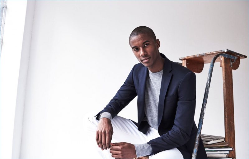 The Denim Approach: Here, Claudio Monteiro trades out his trousers for a pair of white jeans. He also sports a silver merino sweater by Todd Snyder.