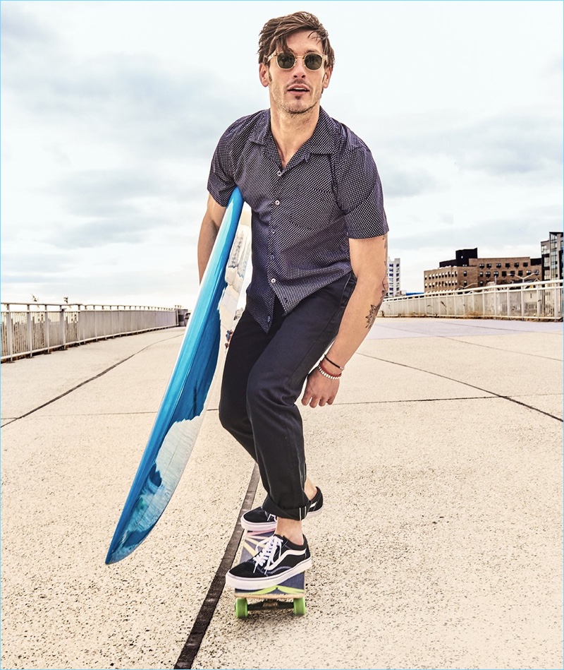 Connecting with Todd Snyder, Parker Gregory wears a short-sleeve polka dot camp collar shirt with Japanese selvedge chinos.