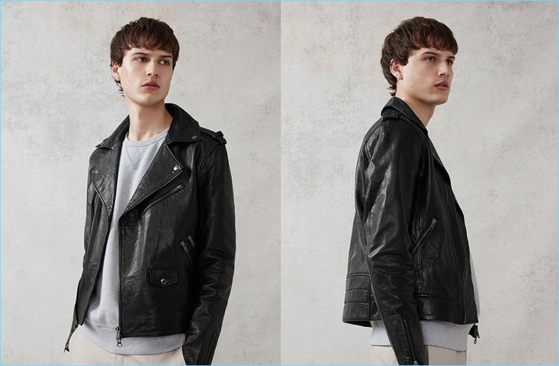 Channeling a bad boy vibe, Ted Le Sueur rocks a Topman leather biker jacket.