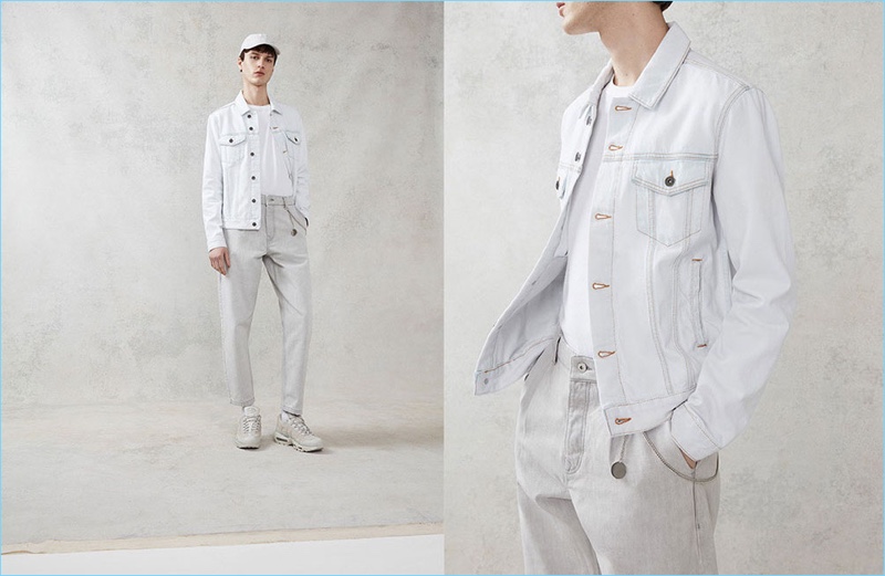 Dressed in light neutrals, Ted Le Sueur wears a white denim jacket by Topman.