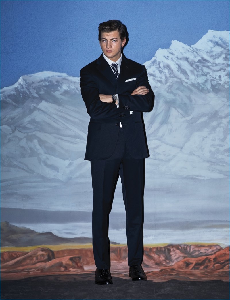 Going presidential, Tye Sheridan wears a Corneliani suit, Tom Ford shirt, and Ralph Lauren tie. For accessories, Sheridan dons a Ralph Lauren pocket square, Tiffany & Co. watch, and Bruno Magli shoes. 