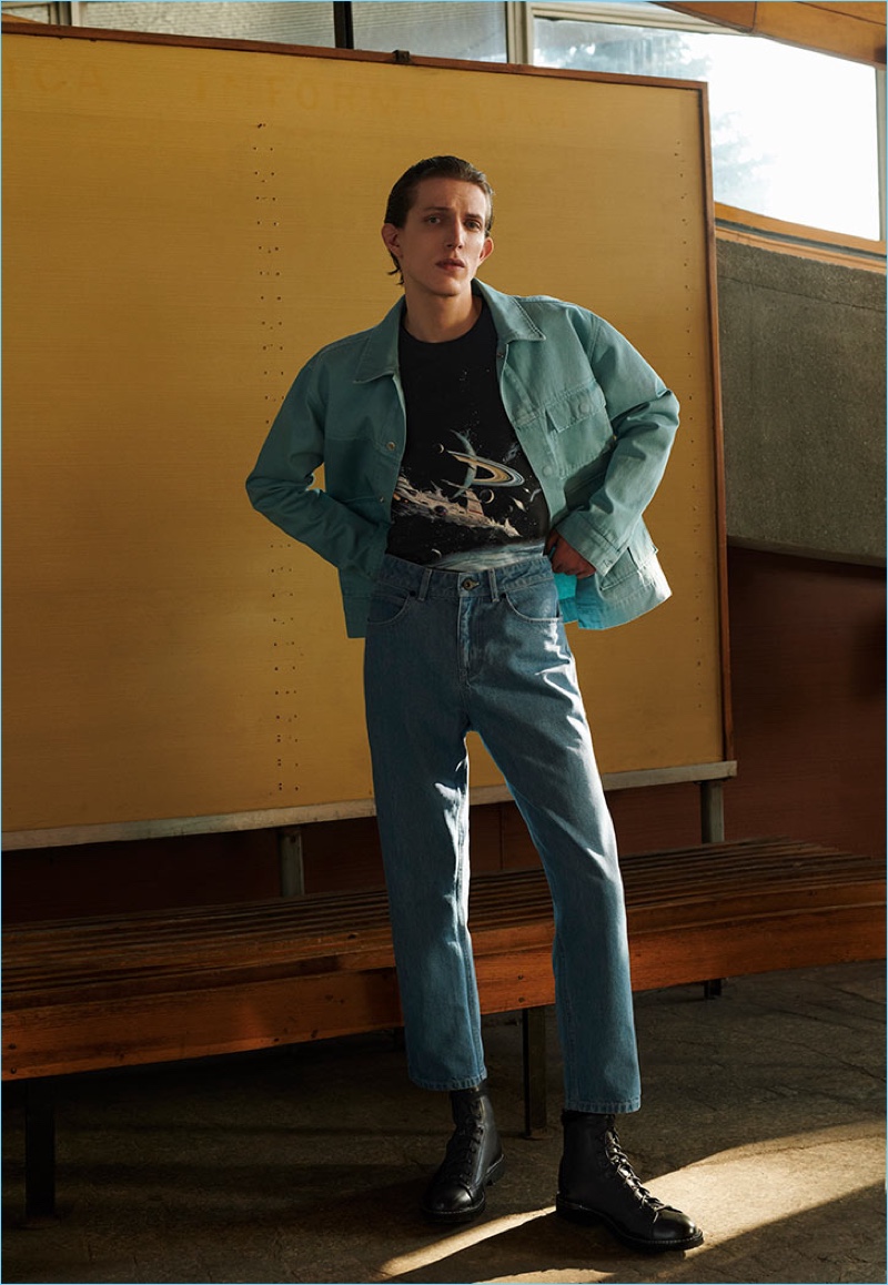 Doubling down on denim, Xavier Buestel is fashionable in a look from Reserved's Re.Design.02 collection.