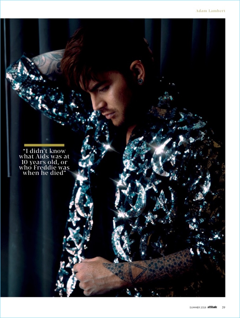 Appearing in a new photo shoot, Adam Lambert wears an Ashish shirt with a T by Alexander Wang t-shirt.