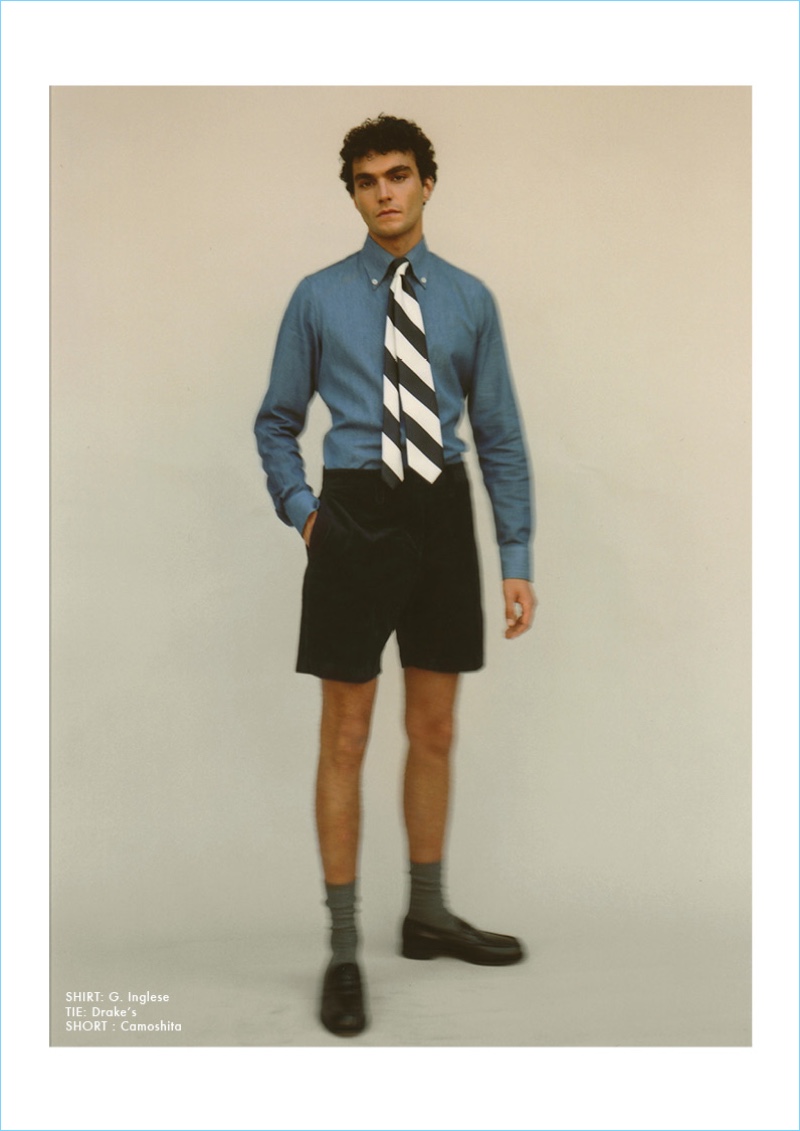 A smart vision, Dylan Ézékiel Nelson models a G. Inglese shirt, Drake's tie, and Camoshita shorts.