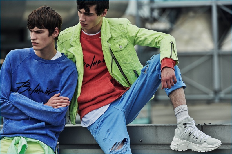 Balmain delivers colorful sweatshirts and denim fashions for resort 2019. Here, Elias de Poot and Oussama Guessoum wear standout looks. » Balmain Delivers Tropical Vibes with Resort '19 Collection Balmain delivers colorful sweatshirts and denim fashions for resort 2019. Here, Elias de Poot and Oussama Guessoum wear standout looks.