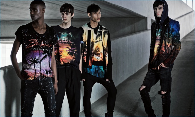 Rachide Embalo, Elias de Poot, Chun Soot, and Oussama Guessoum wear tropical looks with a black spin from Balmain.