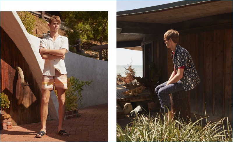 Left: Ben Allen wears a Hecho linen shirt with Marané swim shorts. He also sports Armando Cabral slide sandals. Right: The British model dons an Officine Generale geometric print linen-blend shirt. An Ermenegildo Zegna shirt and De Bonne Facture trousers complete his look.