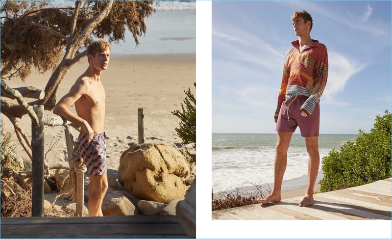 Left: Ben Allen models checked swim shorts by Fendi. Logo checked-print swim shorts by Fendi. Right: He wears a striped sweater by Missoni with Faherty swim shorts. 