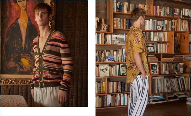 Left: Ben Allen wears a Missoni cardigan sweater with Hecho linen trousers. Right: The British model dons a Stella McCartney tropical print shirt with J.W. Brine striped shorts. 