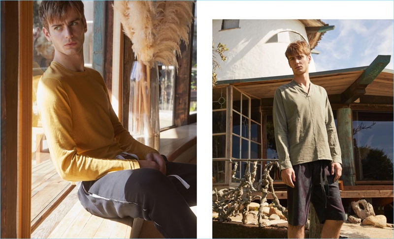 Left: Connecting with Matches Fashion, Ben Allen wears an Altea sweater. Haider Ackermann track pants complete his look. Right: Ben sports a linen-blend shirt and shorts from The Lost Explorer. 