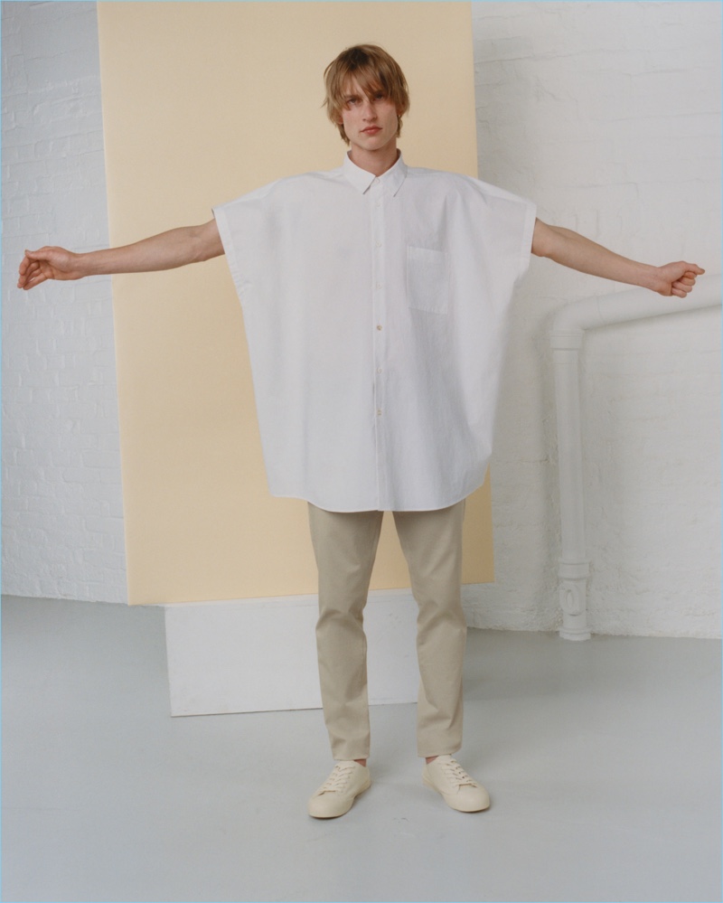 Model Thom Voorintholt sports a look from the COS x Dia:Beacon Dorothea Rockburne capsule collection.