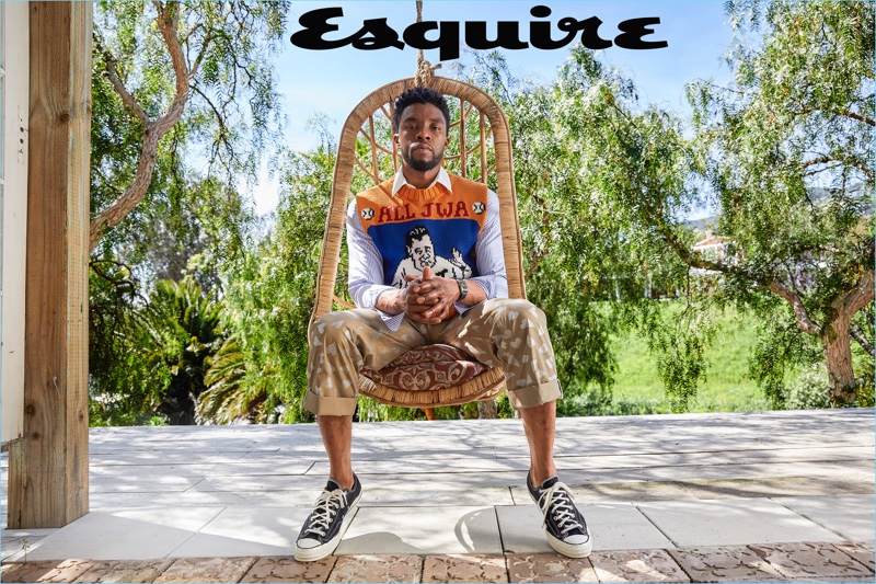 Actor Chadwick Boseman wears a vest and trousers by J.W. Anderson. He also wears a Gucci shirt, Converse sneakers, and a Tom Ford watch. » Chadwick Boseman Covers Esquire, Discusses Black Panther's Success Actor Chadwick Boseman wears a vest and trousers by J.W. Anderson. He also wears a Gucci shirt, Converse sneakers, and a Tom Ford watch.