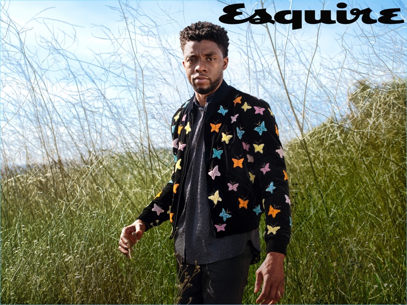 Connecting with Esquire, Chadwick Boseman wears a shirt and jacket by Saint Laurent.