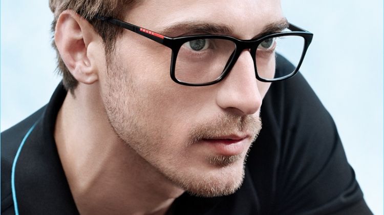 Clément Chabernaud is smart in glasses for Prada Linea Rossa's campaign.