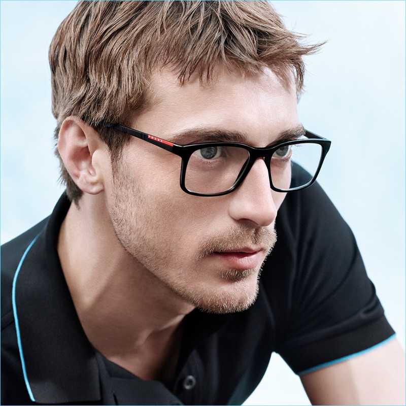 Clément Chabernaud is smart in glasses for Prada Linea Rossa's campaign.