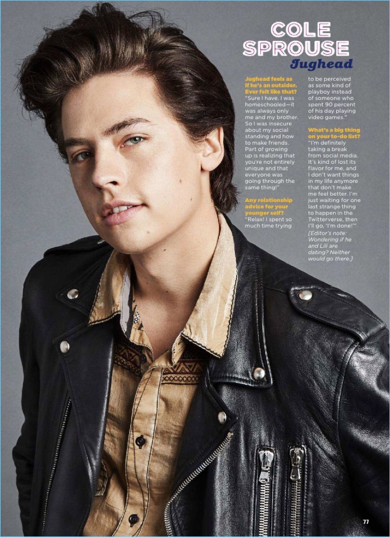 Actor Cole Sprouse wears a Barry Yu biker jacket with an Austin Season shirt. 