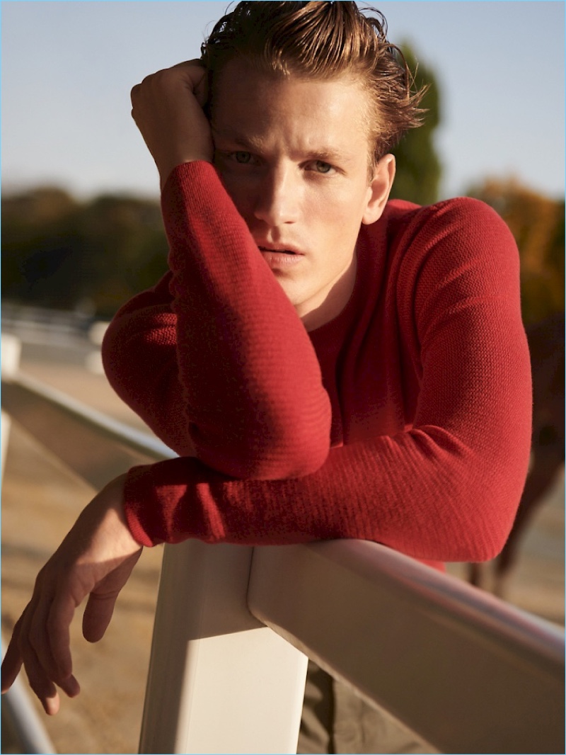 Donning a red sweater, Hugo Sauzay stars in De Fursac's spring-summer 2018 campaign.