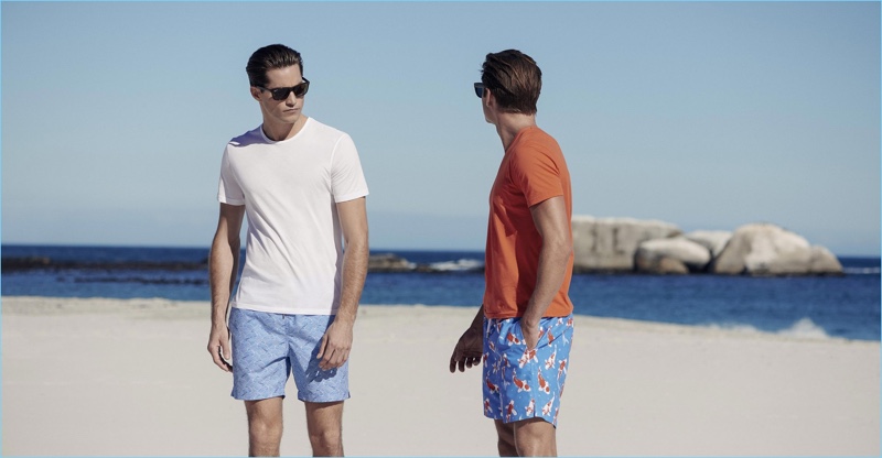 Greg Kheel and George Paul wear patterned swimwear by Derek Rose.