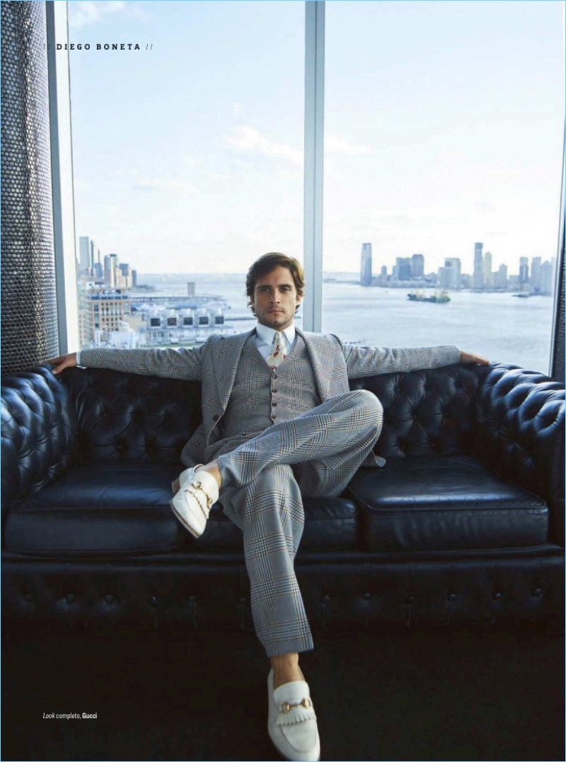 Donning a sharp three-piece suit, Diego Boneta wears Gucci.