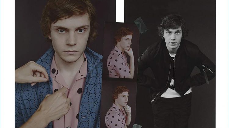 Left: Evan Peters wears a Kapital jacket and Wacko Maria camp-collar shirt. Right: Peters rocks a Rag & Bone bomber, Aloye + G.F.G.S. striped t-shirt, and Prada trousers.