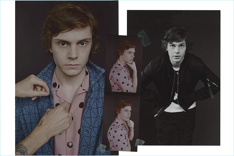 Left: Evan Peters wears a Kapital jacket and Wacko Maria camp-collar shirt. Right: Peters rocks a Rag & Bone bomber, Aloye + G.F.G.S. striped t-shirt, and Prada trousers.