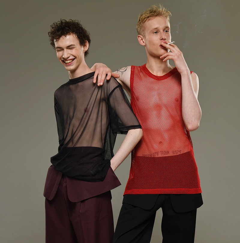 Left to Right: Dmitry wears red mesh top H&M and pants Dior Homme. Dima wears sheer shirt La Perla and pants Dior Homme.