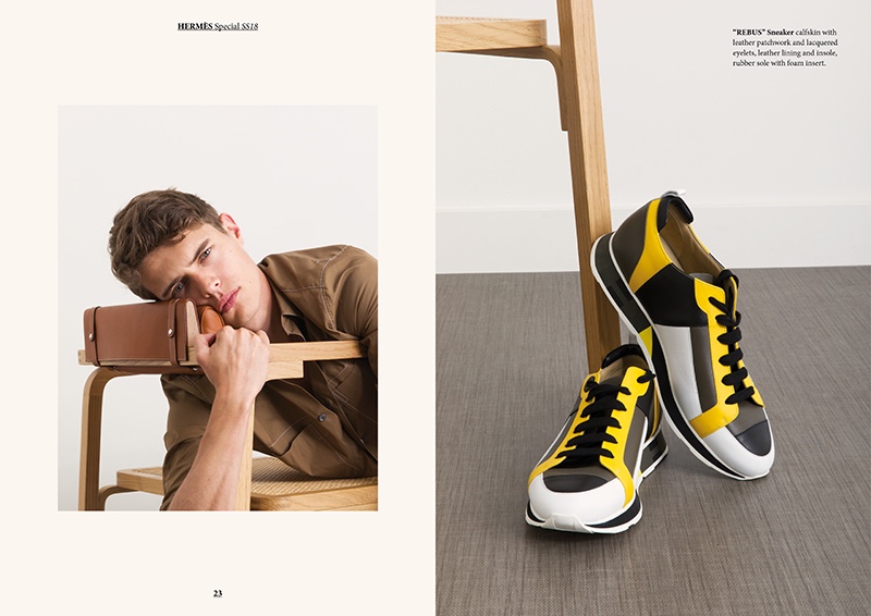 Fashionisto Exclusive 2018 Playful Coolness 012 Left: Dennis Weber photographs Jordy Baan in Hermès. Right: Hermès' "Rebus" sneakers.