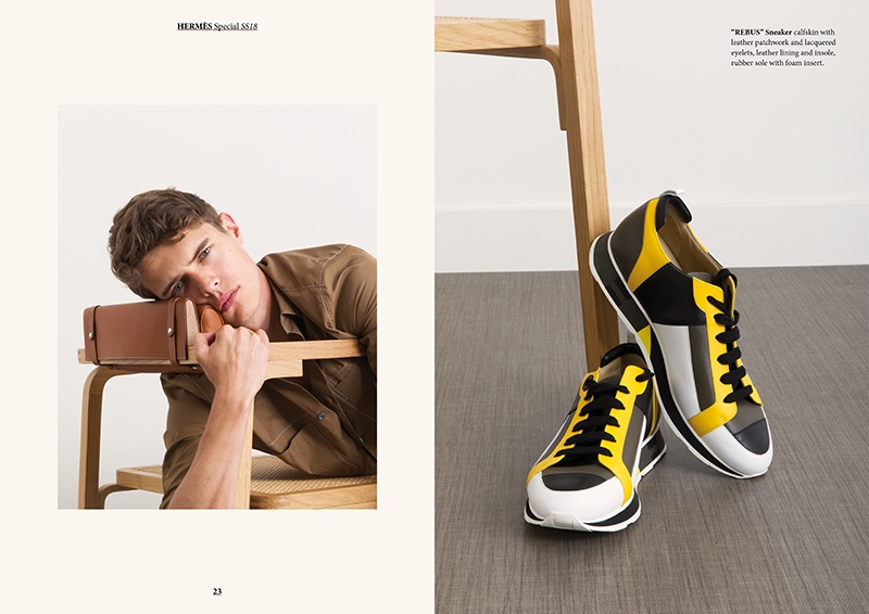 Left: Dennis Weber photographs Jordy Baan in Hermès. Right: Hermès' "Rebus" sneakers.