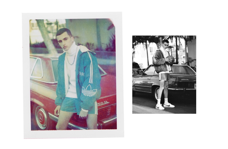 Dyllon Feusi wears top Acne Studios, necklace Mayageller, oversized bomber jacket and shorts Adidas, socks and shoes Nike.