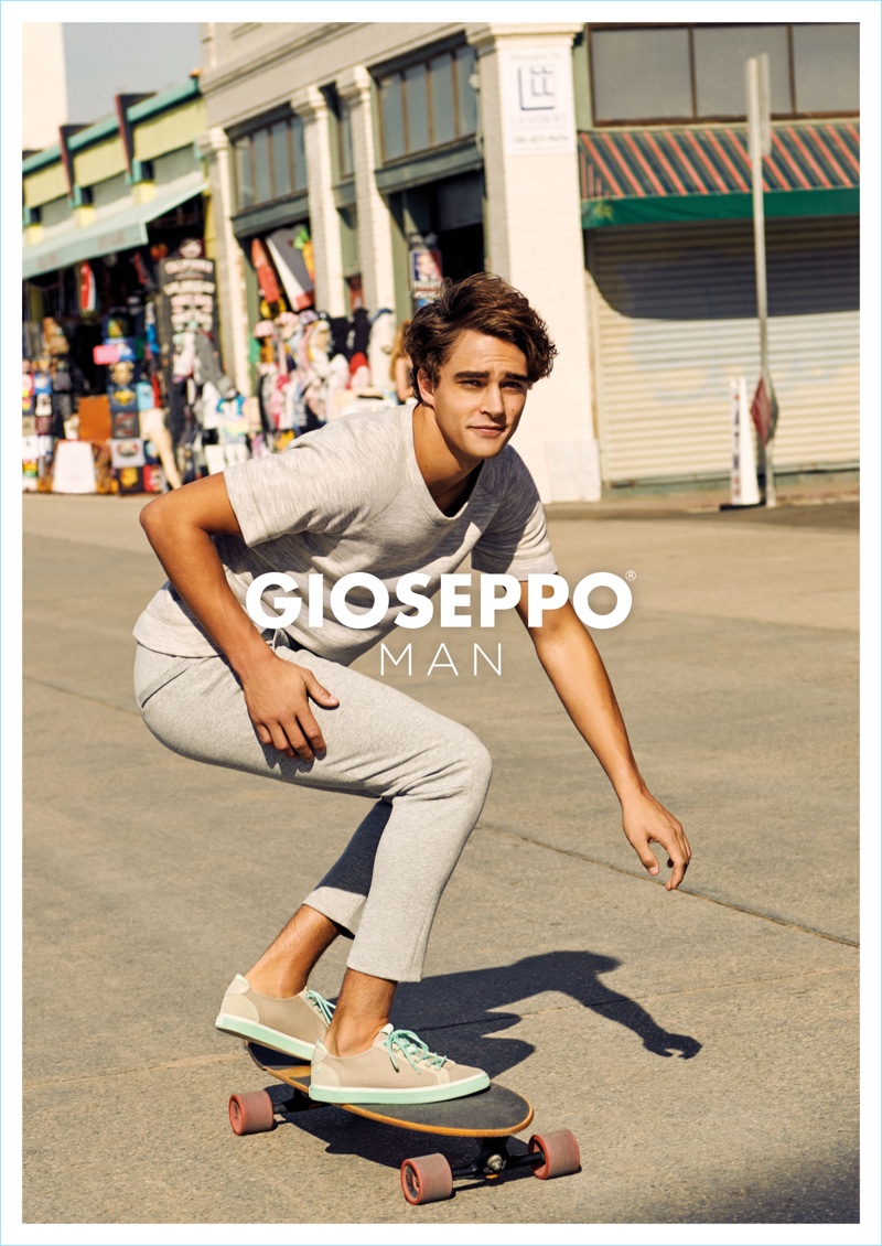 Pepe Barroso skateboards for Gioseppo Man's spring-summer 2018 campaign.