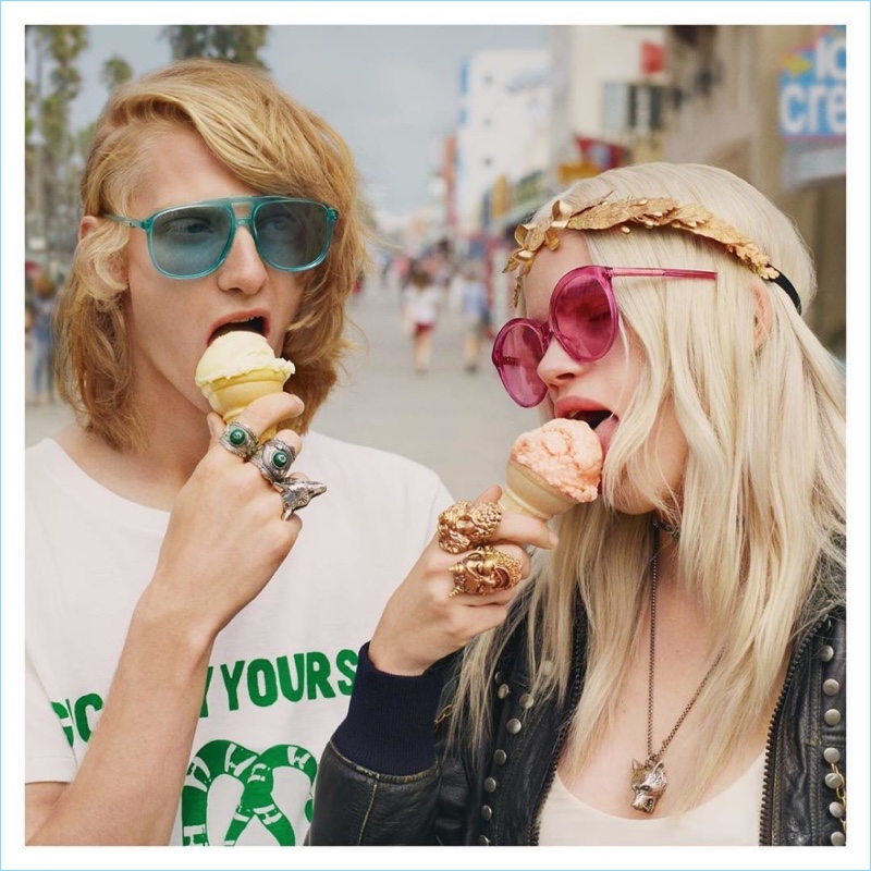 Enjoying ice cream, Dwight Hoogendijk and Stella Lucia front Gucci's spring-summer 2018 eyewear campaign.