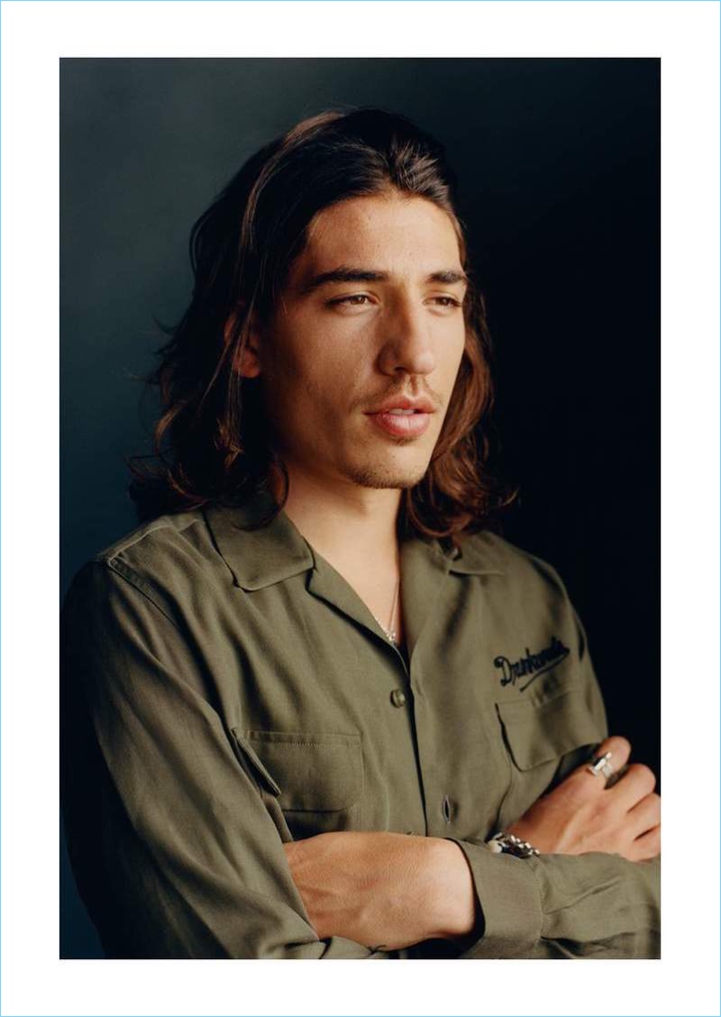 Starring in a photo shoot, Héctor Bellerín wears a Wacko Maria camp-collar shirt.