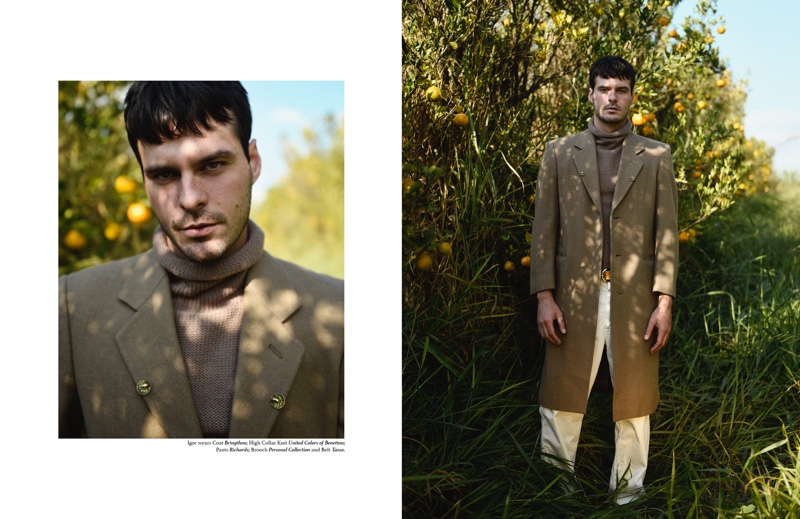 Igor wears coat Bringthon, turtleneck United Colors of Benetton, pants Richards, brooch stylist's own, and belt Tassa.