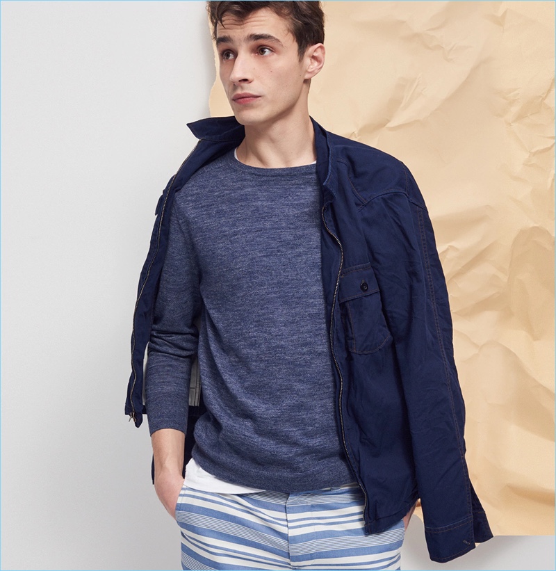 Cotton-Linen Sweaters: Adrien Sahores models a J.Crew cotton-linen sweater with a Wallace & Barnes workshirt.