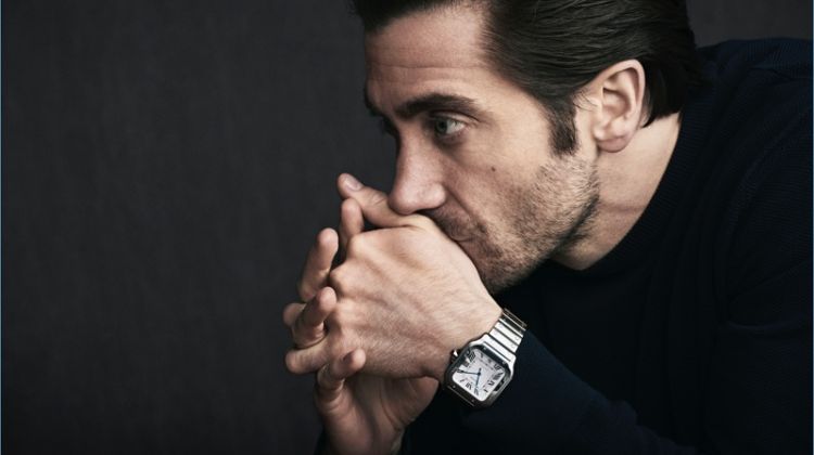 Delivering a side profile, Jake Gyllenhaal appears in a campaign for the Santos de Cartier timepiece.