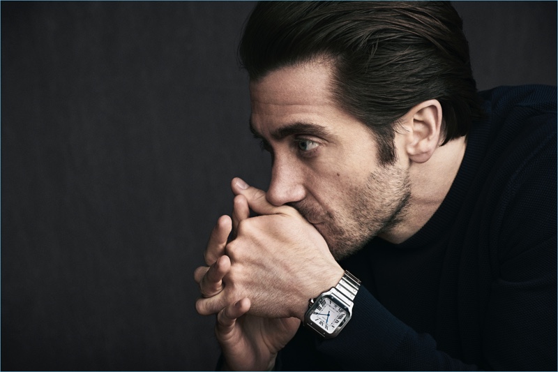 Delivering a side profile, Jake Gyllenhaal appears in a campaign for the Santos de Cartier timepiece.