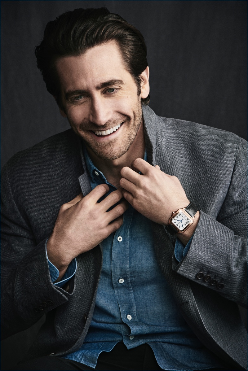 All smiles, Jake Gyllenhaal stars in a Santos de Cartier campaign.