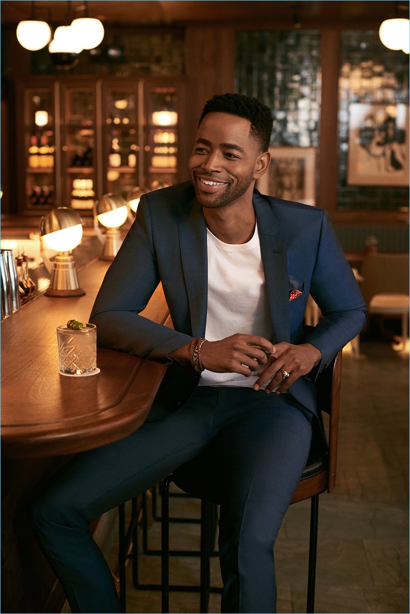 Actor Jay Ellis sports a BOSS suit with a simple tee.