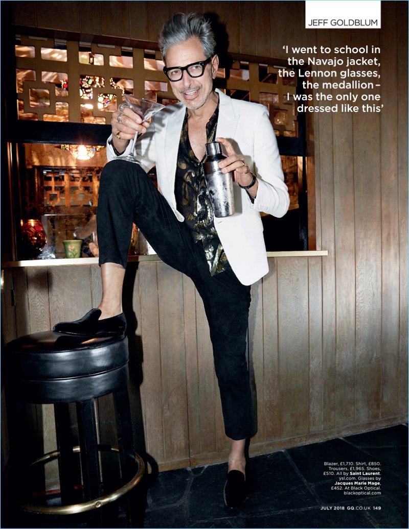 Mixing a martini, Jeff Goldblum dons a Saint Laurent look with Jacques Marie Mage glasses.
