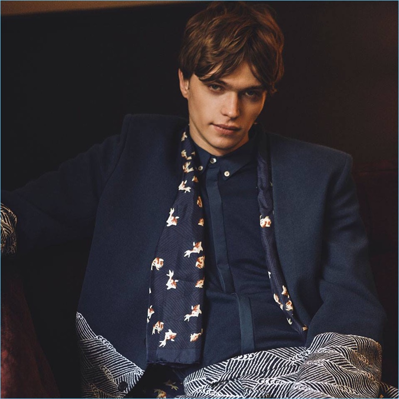 Jake Love wears a knit suit for John Smedley's spring-summer 2018 campaign.