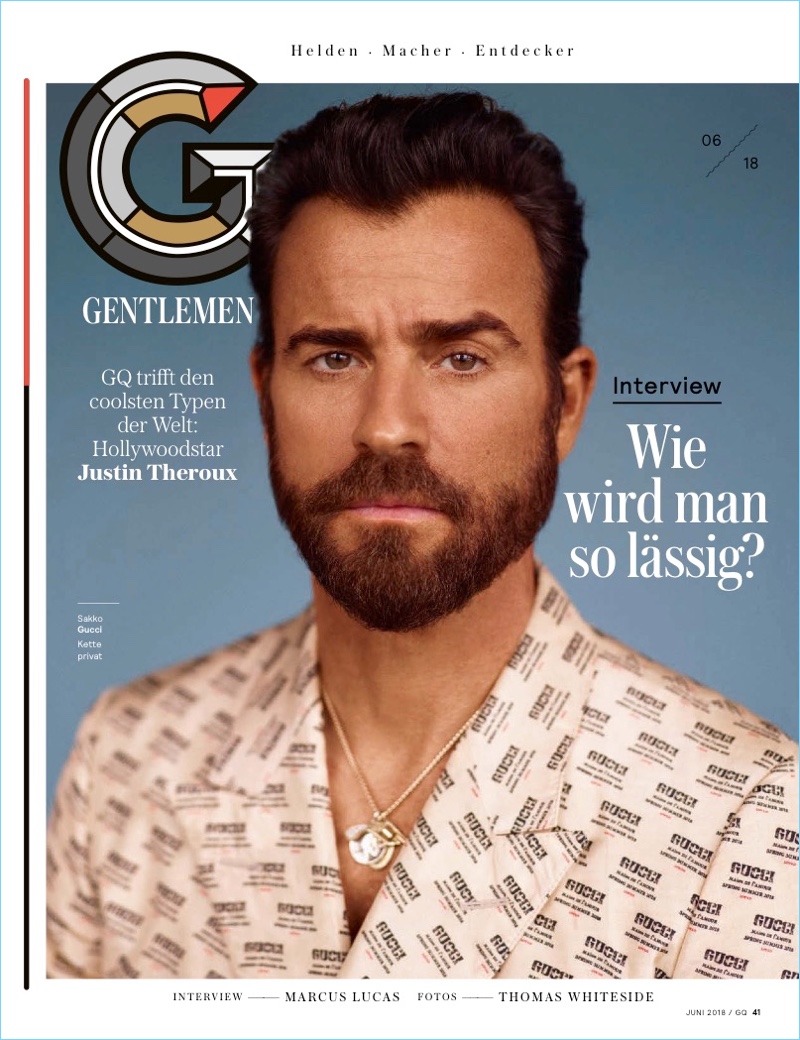 Actor Justin Theroux wears a Gucci print suit.