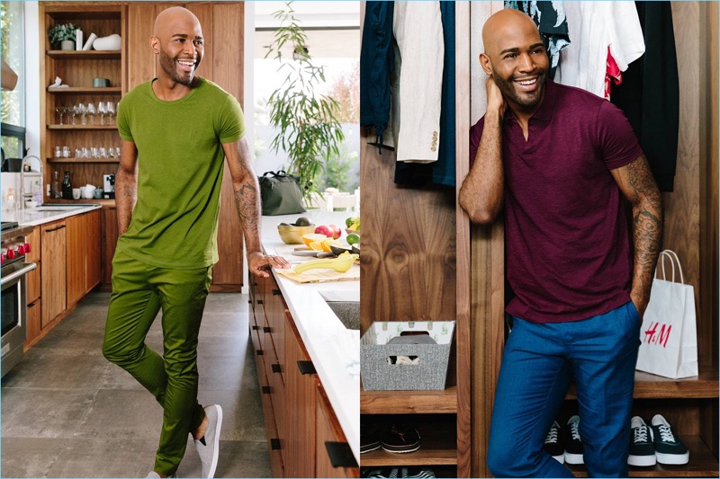 Karamo Brown wears a burgundy H&M polo with blue mélange pants.