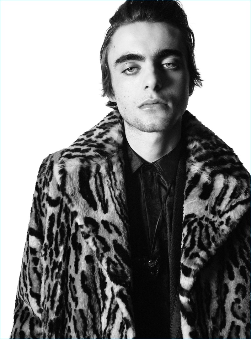 Sporting a leopard jacket, Lennon Gallagher stars in Saint Laurent's fall-winter 2018 campaign.