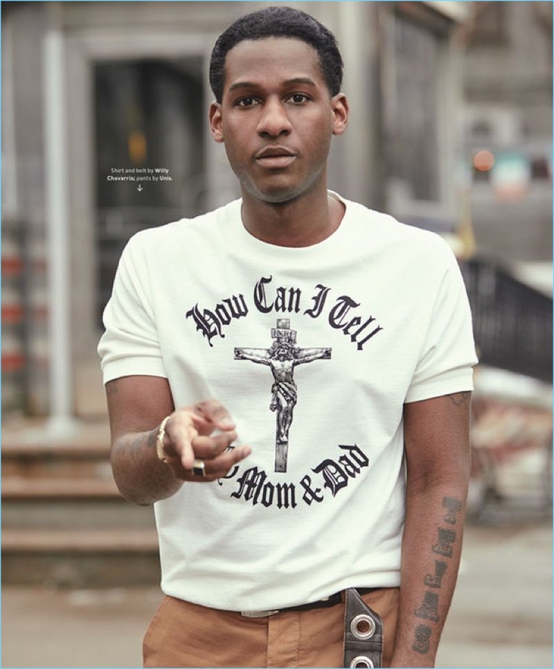 Singer Leon Bridges wears a Willy Chavarria shirt and belt with Unis pants.