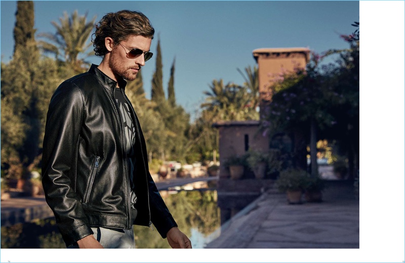 A cool vision, Wouter Peelen sports a leather jacket by Lufian.