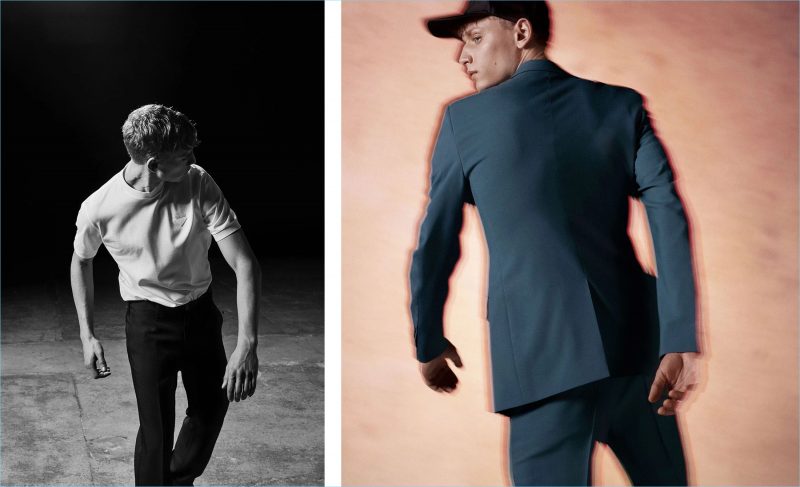 Left: Peter Dupont dons Prada's logo badge cotton t-shirt and straight-leg cotton chino trousers. Right: The model sports a Prada single-breasted cotton blazer, mid-rise straight-leg cotton trousers, and a logo-embroidered baseball cap.