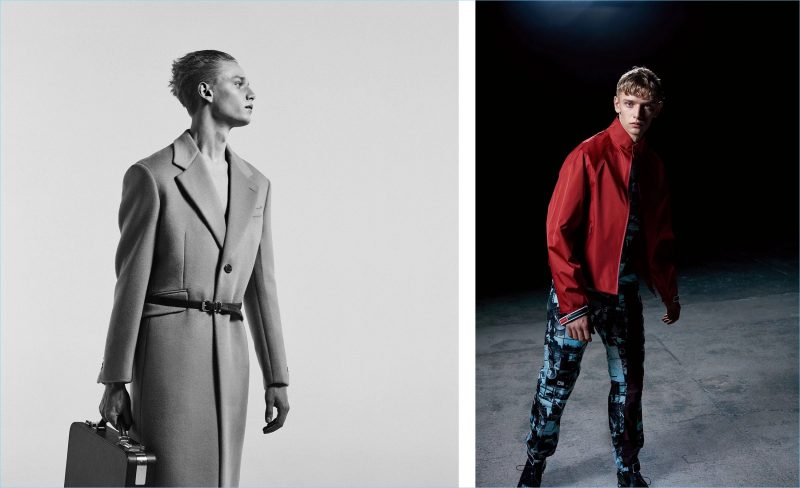 Left: Embracing the classics, Peter Dupont wears a Prada cashmere and wool-blend overcoat. He also dons the brand's skinny leather belt and takes hold of its top-handle Saffiano-leather briefcase. Right: Peter wears Prada's resin-coated technical jacket, contrast-collar comic-print shirt, comic-print patch-detail track pants, and perforated leather derby shoes.