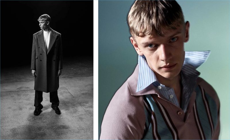 Left: Peter Dupont models a Prada double-breasted wool coat, logo badge cotton t-shirt, straight-leg cotton chino trousers, and lace-up leather derby shoes. Right: He wears the Italian brand's point-collar striped-knit wool polo shirt and graphic-print striped cotton shirt.