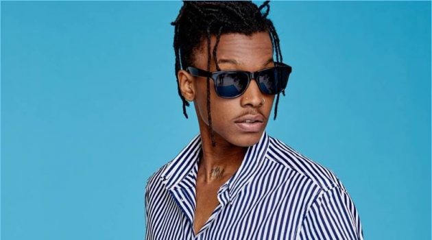 Matthew Davidson Rocks GQ-Endorsed Summer Style by H&M Mixing stripes, Matthew Davidson rocks H&M's short-sleeve shirt with swim shorts.